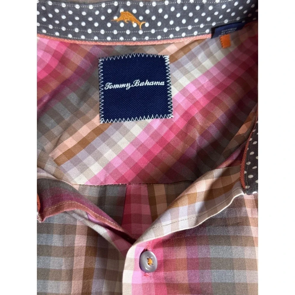Tommy Bahama Mens XL Plaid Long Sleeve Button‎ Down Shirt Pink Brown Gray Cotton